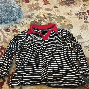 Black and White Long Sleeve Tee with Nautical Stripes